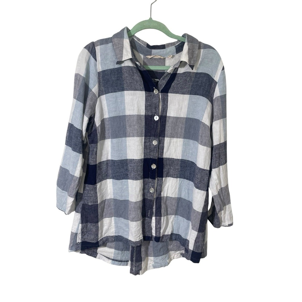 Soft Surroundings Carreaux Button Down Shirt Womens L Blue‎ Linen Blend Zip Back